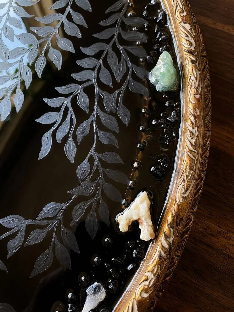 Untitled — resin, preserved web, acrylic, obsidian stones, precious stones, coral, 18 × 15 in, by Natasha Ros.
