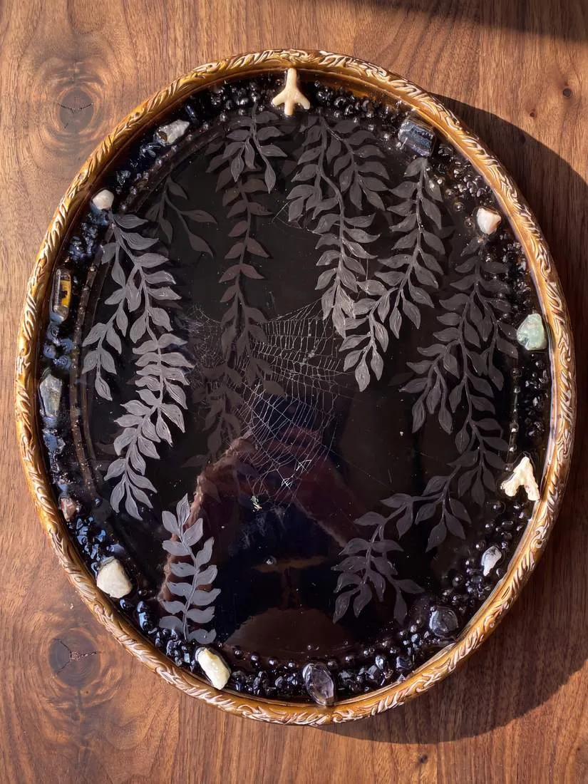 Untitled — resin, preserved web, acrylic, obsidian stones, precious stones, coral, 18 × 15 in, by Natasha Ros.