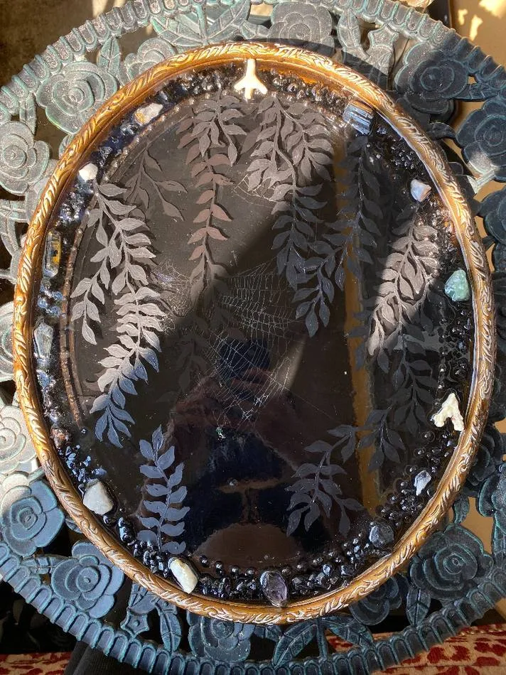 Untitled — resin, preserved web, acrylic, obsidian stones, precious stones, coral, 18 × 15 in, by Natasha Ros.