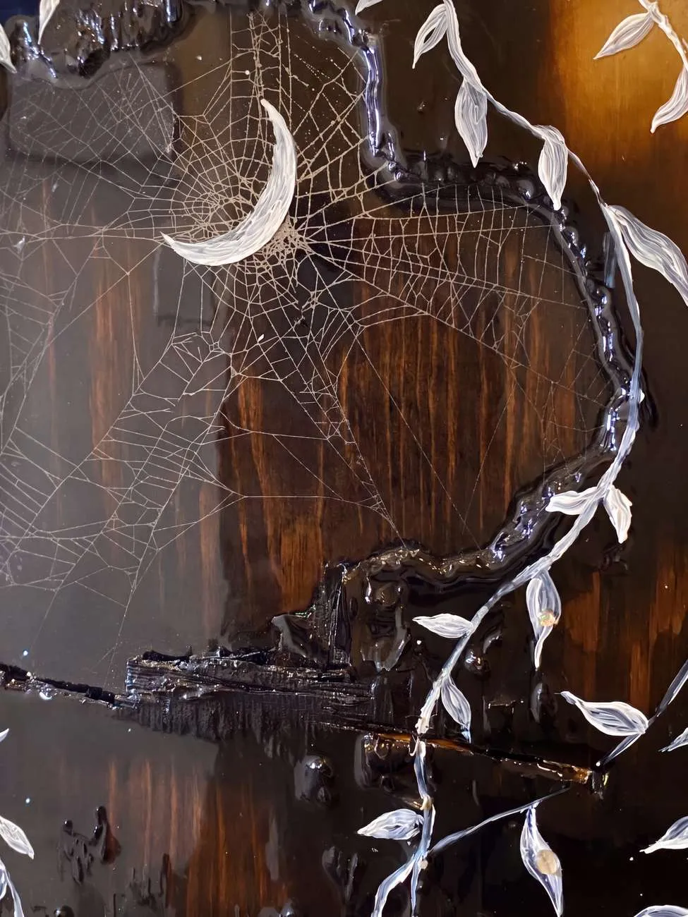 Untitled — resin, acrylic, wood, preserved web, 16 × 12 in, by Natasha Ros.