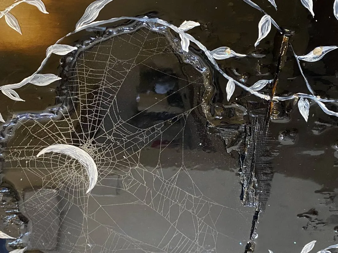 Untitled — resin, acrylic, wood, preserved web, 16 × 12 in, by Natasha Ros.