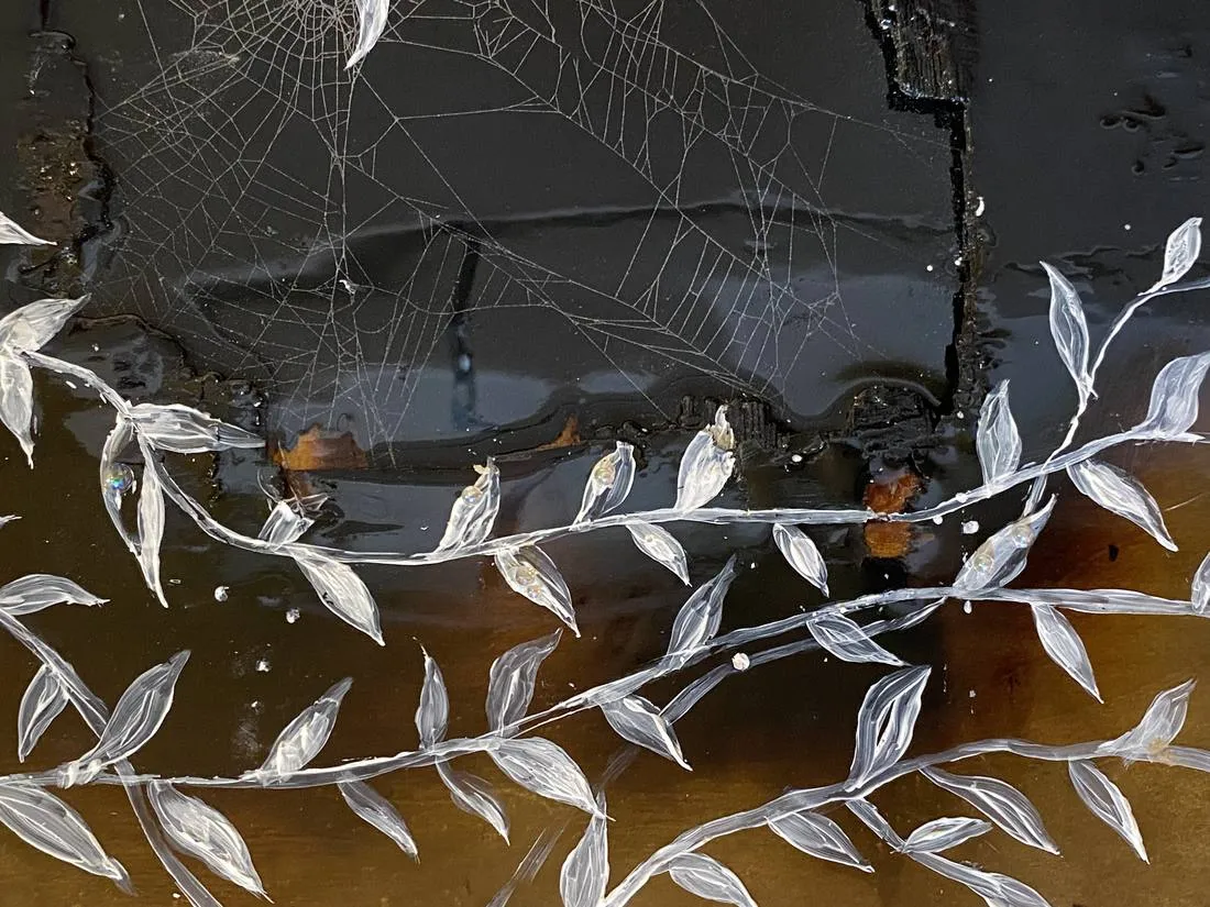 Untitled — resin, acrylic, wood, preserved web, 16 × 12 in, by Natasha Ros.