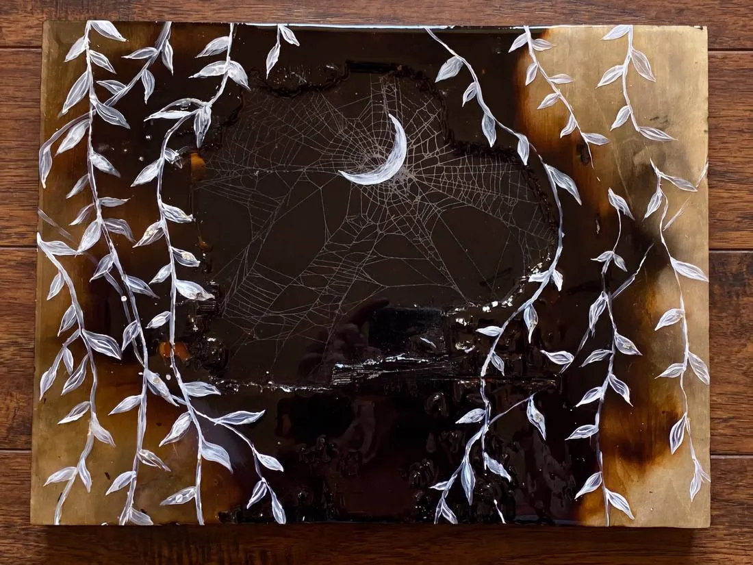 Untitled — resin, acrylic, wood, preserved web, 16 × 12 in, by Natasha Ros.